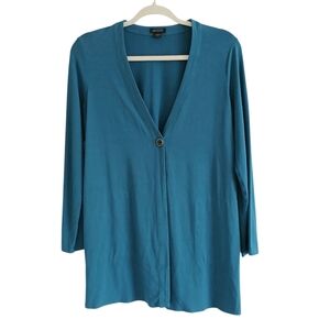 J Jill Wearever Collection Cardigan Women's SP Blue One Button Longline Pockets